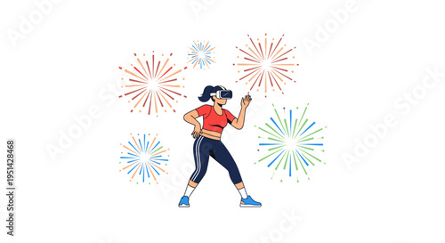 Woman in virtual reality headset experiencing a vibrant and colorful fireworks display in a futuristic metaverse celebration, exploring digital entertainment.