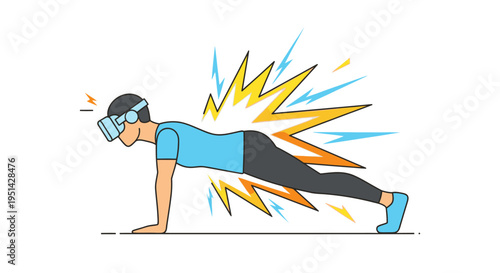 Virtual reality fitness workout: Man in VR headset performing a plank exercise, experiencing an immersive digital sport in the metaverse concept.