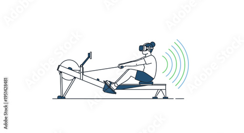 Individual using a rowing machine with a virtual reality headset, blending physical exercise with immersive digital experiences and modern fitness technology.