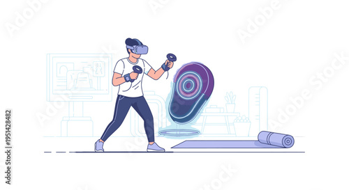 Young woman in a VR headset engaging in a virtual reality boxing workout, hitting a holographic target in a modern home gym setup.