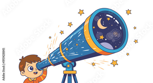 Child Exploring Night Sky with Telescope.
