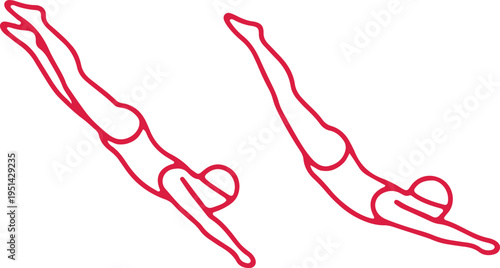 Two pairs of stylized red ski boots and skis on a white background