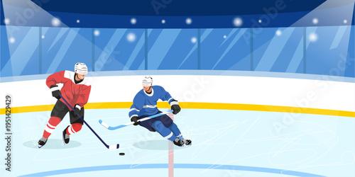 Two hockey players in action on an indoor ice arena in graphic style on background showing competition. Vector illustration