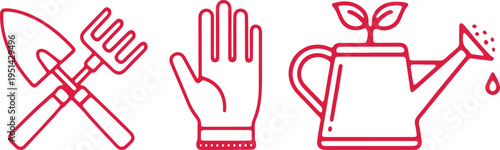 Garden tools, gardening hand, and watering can with sprouting plant icon set