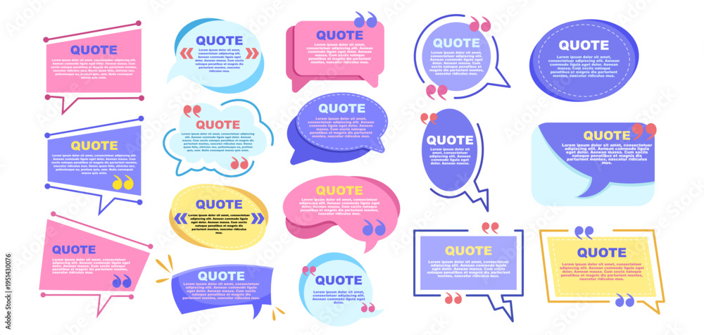 Obraz premium Colorful quote speech bubbles in flat style on white background, expressing communication and creativity. Vector illustration