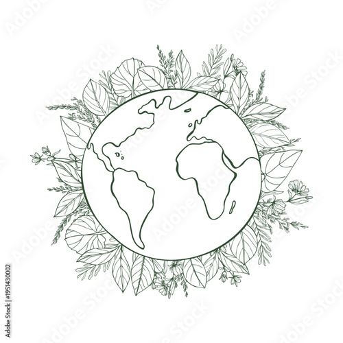 Stylized Earth planet and wildflowers vector monochrome line art black ink sketch. Globe with flowers and leaves symbolizing preservation of nature, greening and clean air. Ecological concept