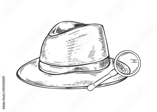Detective fedora hat with magnifying glass vector isolated illustration painted by black inks. Man headdress accessory for crime scene investigation, escape room signage, puzzle game graphic