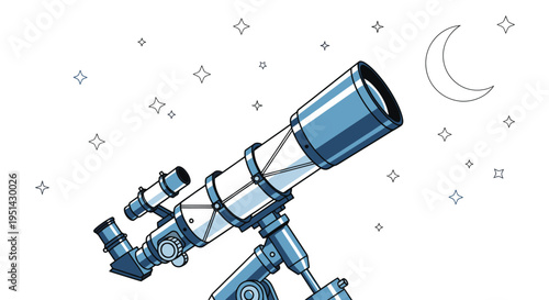 Telescope Observing Stars and Crescent Moon.