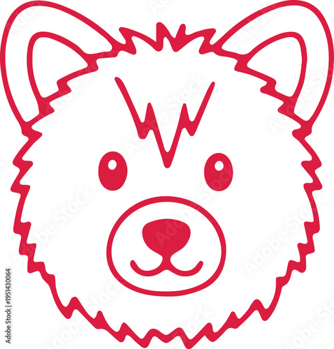 A stylized red outline cartoon drawing of a bear’s face with expressive features