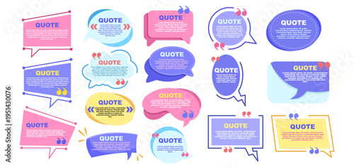 Colorful quote speech bubbles in flat style on white background, expressing communication and creativity. Vector illustration