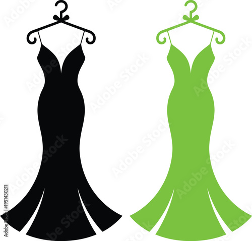 Elegant contrast between black and green evening gowns displayed on hangers