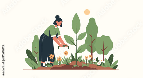 Woman Watering Plants in Garden Illustration.