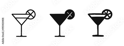 Cocktail Drink Glass Icon Set with Lime Garnish in Outline, Solid, and Hand-Drawn Styles