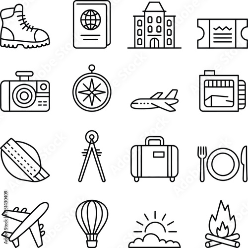 Collection of icons representing travel, adventure, and exploration essentials