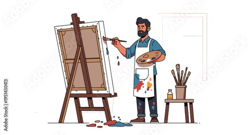 Artist Painting on Easel in Studio.