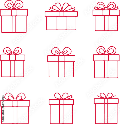 Nine neatly arranged gift boxes with decorative ribbons and bows on a plain background