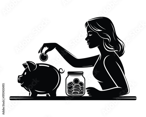 Silhouette of a woman saving money by putting a coin into a piggy bank and a jar
