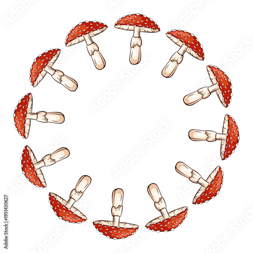 Fly agaric inedible mushroom wreath in cartoon. Decorative forest fungi composition isolated on white background for menu design, nature theme and kitchen wallpaper.