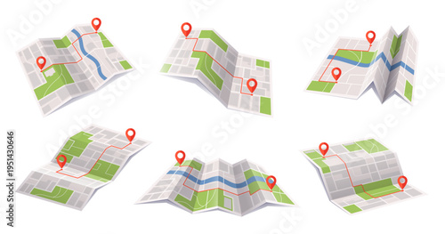 Folded city maps with route pins in flat style on white background showing navigation and travel concept. Vector illustration