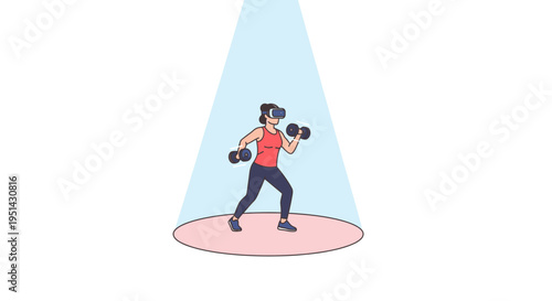 Woman in VR headset exercising with dumbbells in a spotlight, virtual reality fitness concept