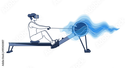 Woman exercising on a rowing machine wearing VR headset, experiencing virtual reality fitness and immersive workout
