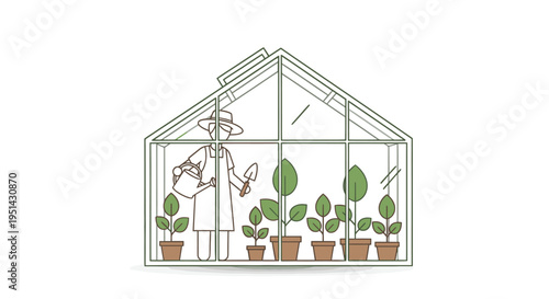 Greenhouse Illustration with Potted Plants and Gardener.