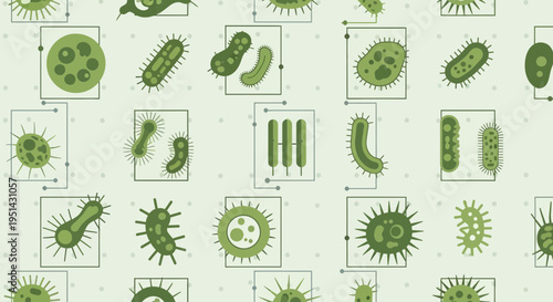 Microscopic Bacteria and Viruses Pattern, Science and Biology Microbe Illustration
