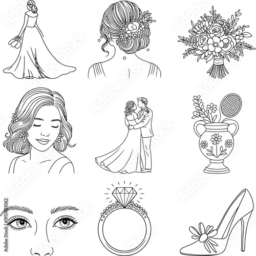Elegant wedding-themed illustrations featuring bride, groom, and accessories