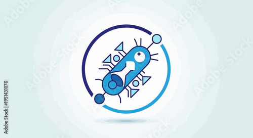 Microscopic Digital Bacteria Icon with Circuitry and Arrow, Futuristic Technology Concept