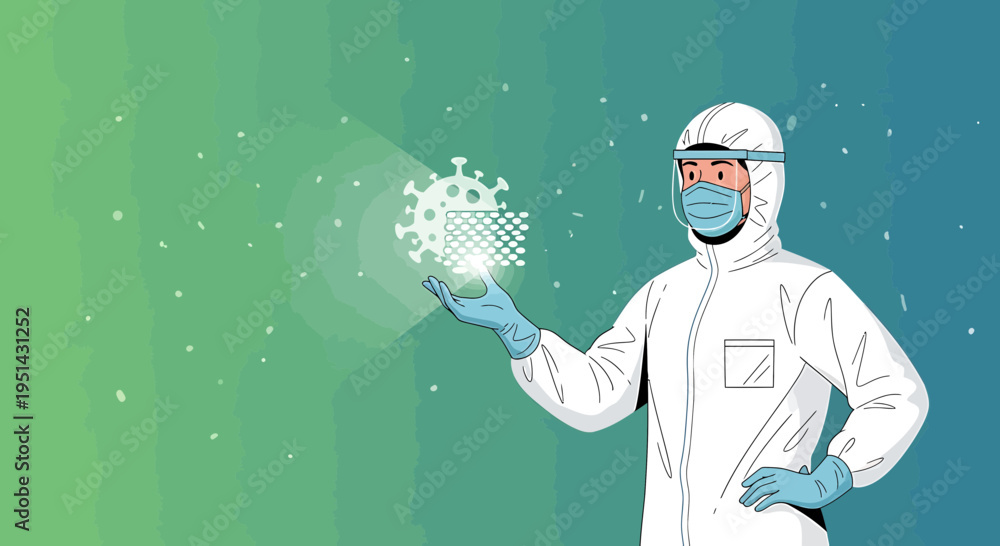 Fototapeta premium Scientist in Hazmat Suit Analyzing Coronavirus Molecule on Digital Interface