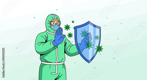 Person in Hazmat Suit Defends Against Coronavirus with Shield