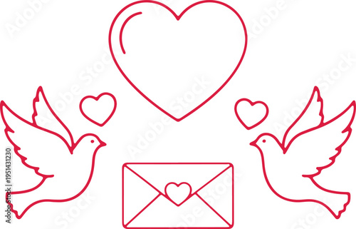 Romantic illustration featuring doves, a heart, and an envelope with a small heart inside