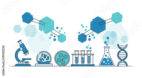 Science and Research Laboratory Equipment, DNA, Molecules, Microscope, Test Tubes, Flask, Petri Dishes