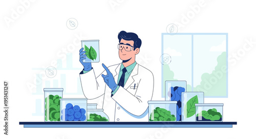 Scientist examining plant leaves in laboratory, biotechnology research concept