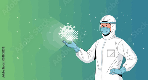 Scientist in Hazmat Suit Analyzing Coronavirus Molecule on Digital Interface