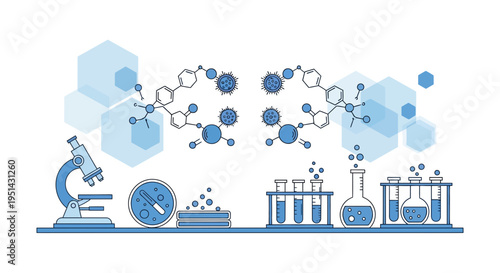 Science Laboratory Research: Microscope, Test Tubes, Molecules, and Hexagons