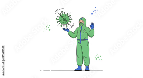 Scientist in Hazmat Suit Interacting with Coronavirus Molecule