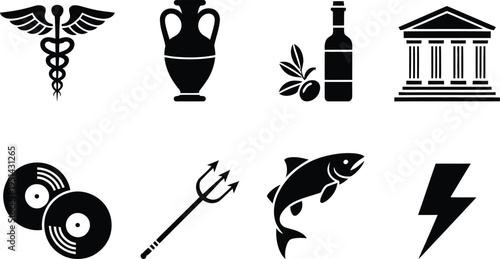 Iconic symbols representing various ancient and modern cultural elements