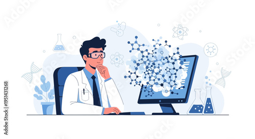 Scientist working on computer with molecular structure visualization, scientific research concept