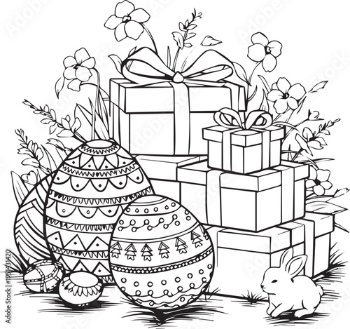 Easter Eggs and Gift Boxes Line Art with Cute Bunny and Flowers for Coloring Page
