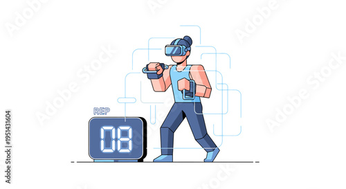Dynamic illustration of a person immersed in a virtual reality boxing training session, combining future tech with physical exercise and a rep counter.