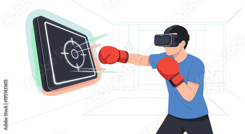 Man wearing VR headset and boxing gloves training in virtual reality, punching a digital target for an immersive fitness and gaming experience.