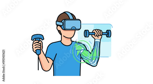 Virtual reality fitness workout illustration: Man with VR headset and controller lifting dumbbell, visualizing arm muscles and bones for immersive health technology.