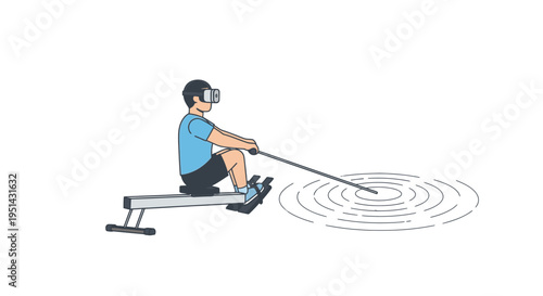 Man wearing virtual reality headset rowing on an exercise machine, experiencing a simulated water environment for immersive fitness training.