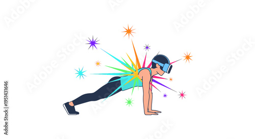 Energetic person in virtual reality headset doing a plank exercise, experiencing immersive digital fitness and future workout technology.