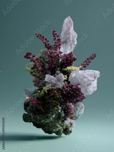 Photograph of a cluster of crystals and flowers. the crystals are of different sizes and shapes, with some being pink and others being white.