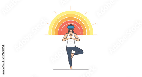 Virtual reality yoga session: Woman in VR headset performs tree pose, finding balance and peace in a digital wellness environment under a radiant sun.
