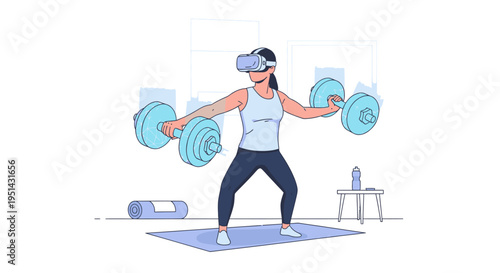 Young woman training with dumbbells while wearing a VR headset, showcasing the future of home fitness and virtual reality workouts.