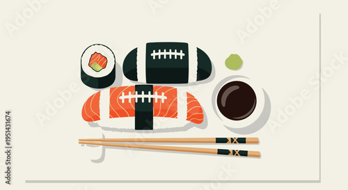 Sushi and Football Themed Dinner Setup.