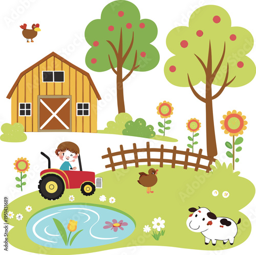 Cheerful Farm Scene Artwork Featuring Cow, Sheep, Chickens, and Dog.